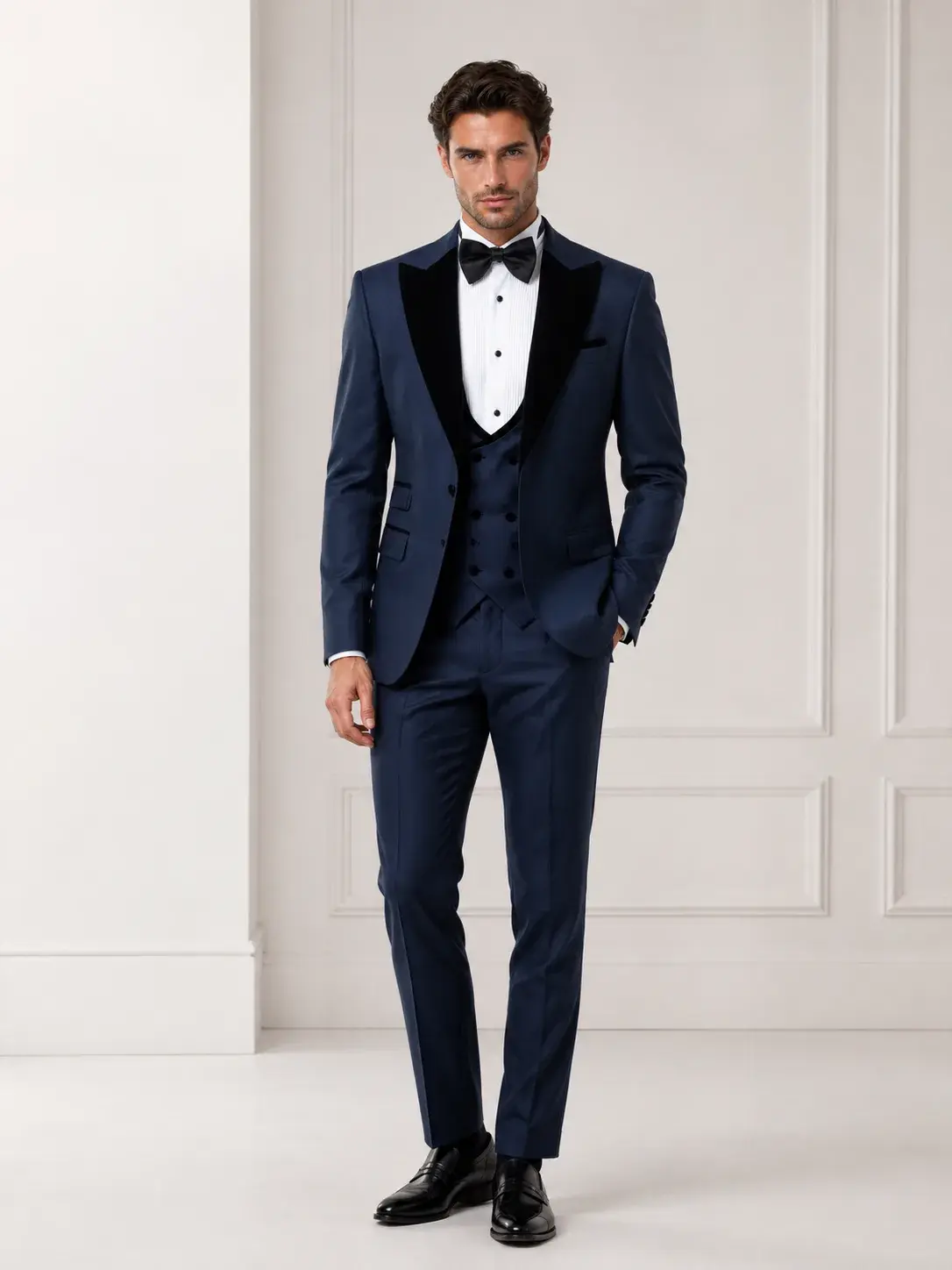Esmoquin Azul Solapa en Gamuza — traje de novio azul oscuro para boda de noche, Castor Suits Medellín