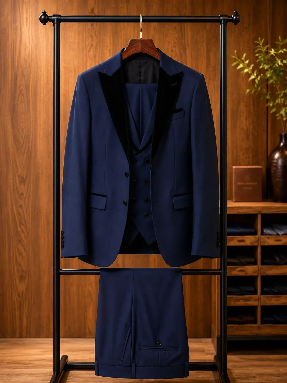Esmoquin Azul Solapa en Gamuza — traje de novio azul oscuro para boda de noche, Castor Suits Medellín (vista 2)