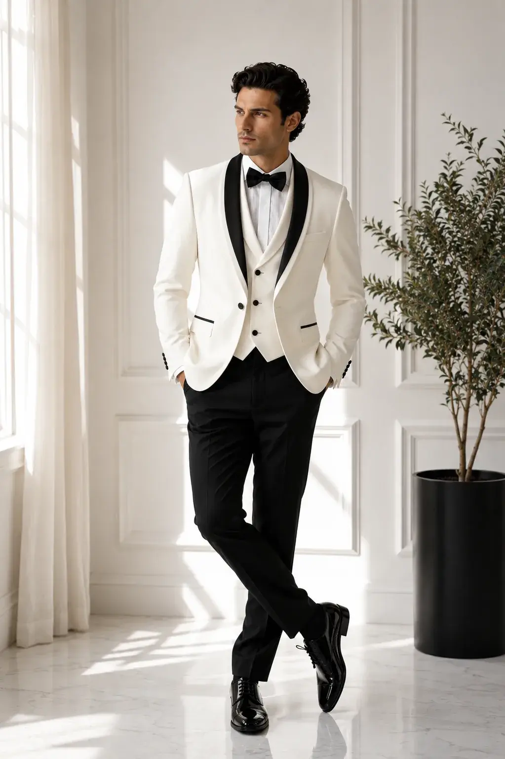 Esmoquin Tropical con Negro — traje de novio blanco para boda de noche, Castor Suits Medellín