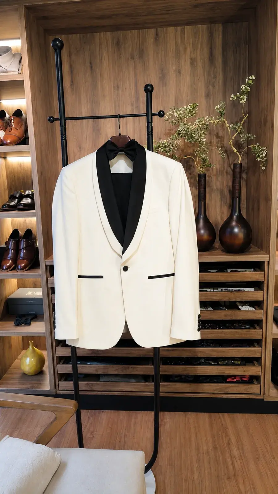 Esmoquin Tropical con Negro — traje de novio blanco para boda de noche, Castor Suits Medellín (vista 3)