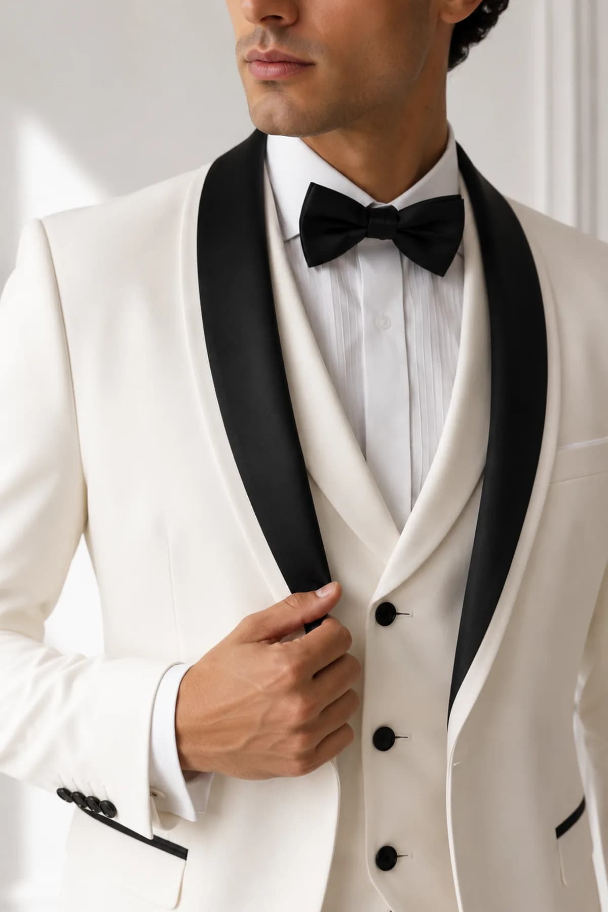 Esmoquin marfil con solapa en satín negro.