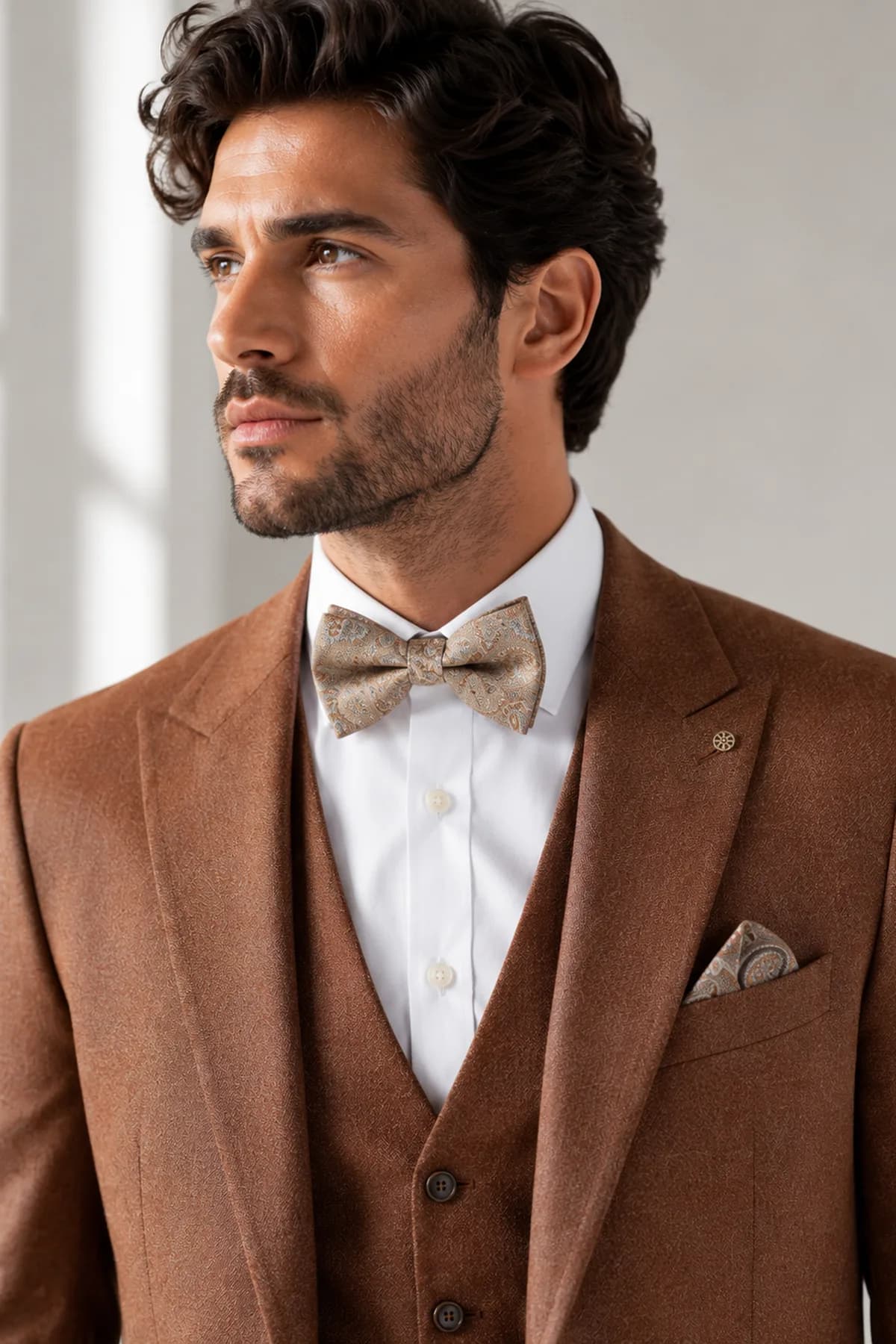 Traje de novio de tres piezas en café con corbatín, ideal para una boda de día.