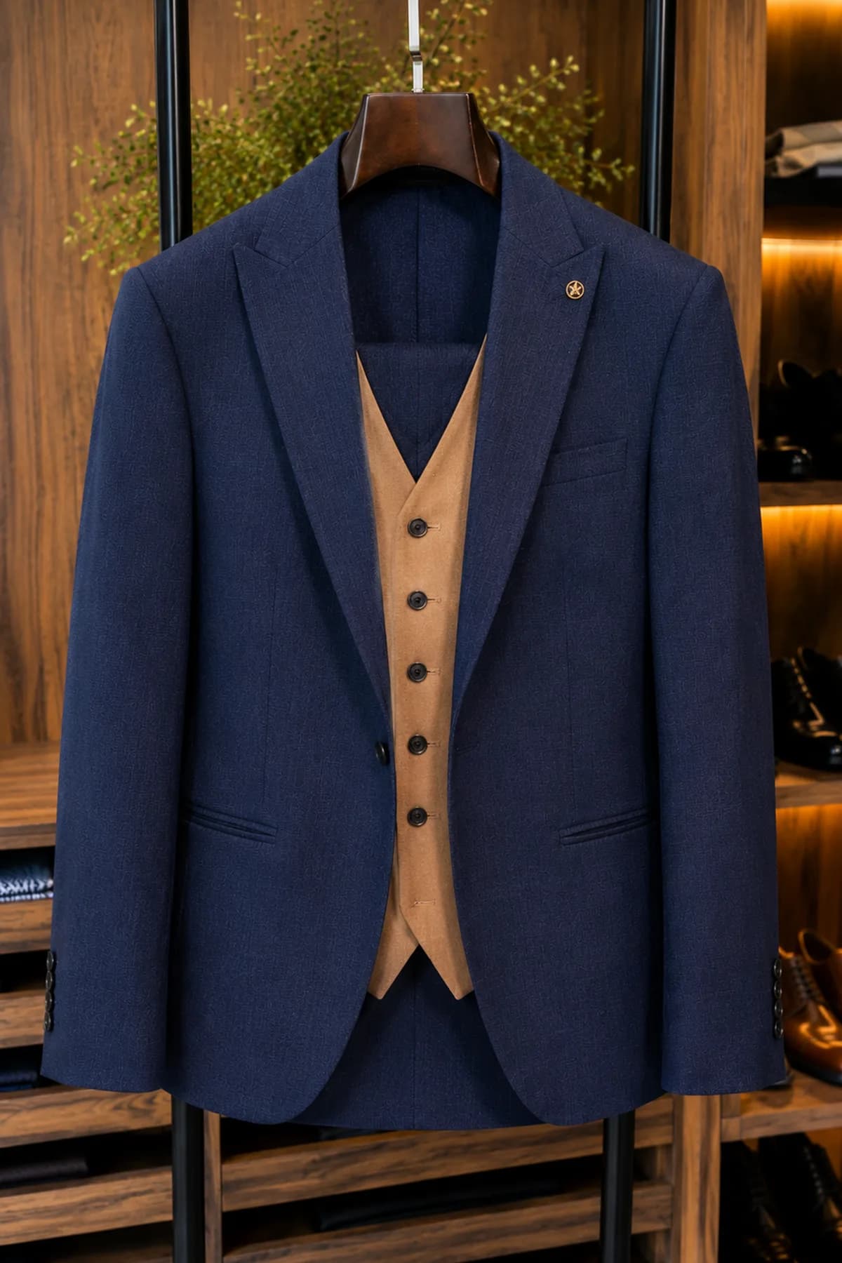 Traje de novio azul con chaleco en contraste: el fit es el protagonista.