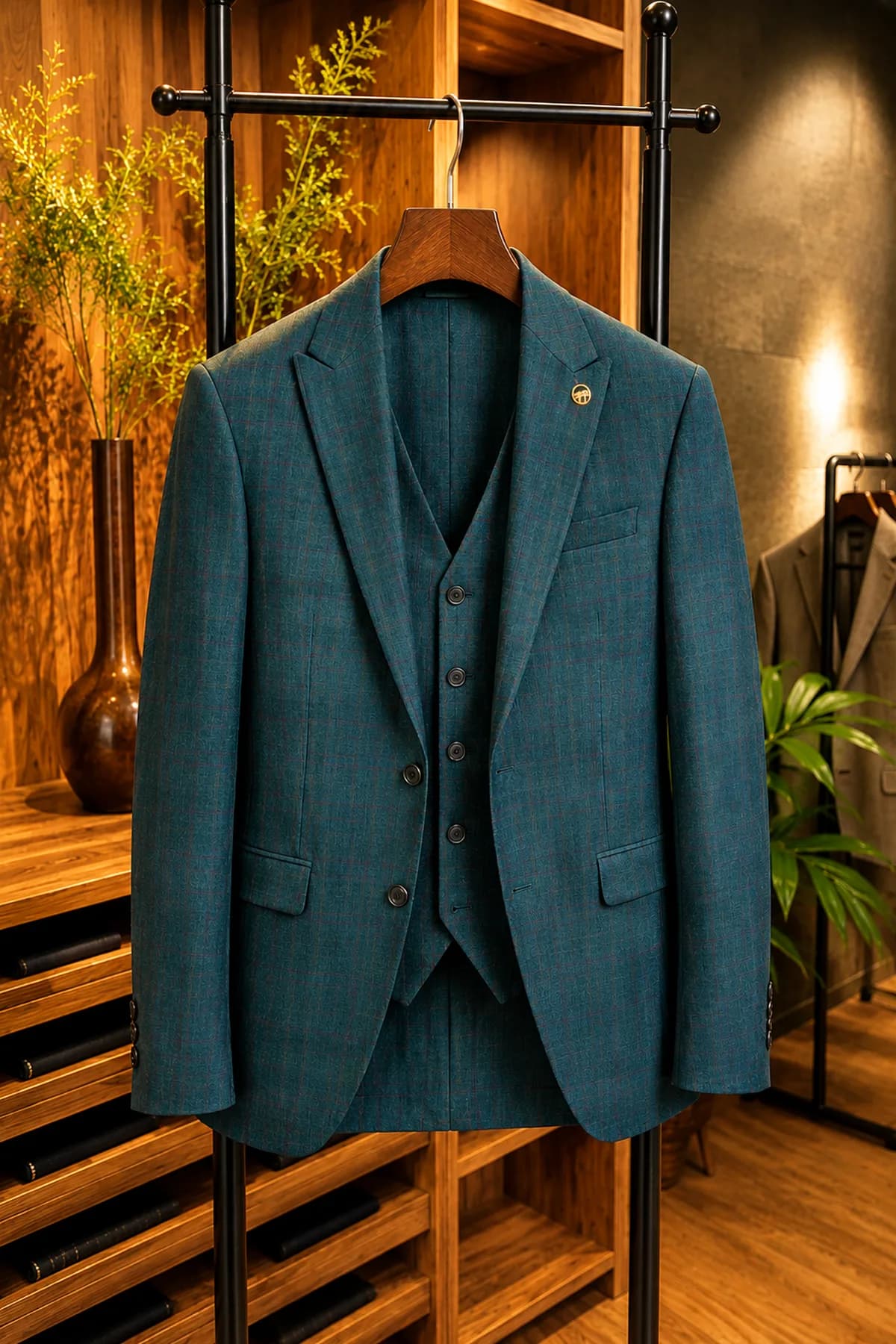 Traje de novio azul petróleo, uno de los favoritos para bodas en finca.