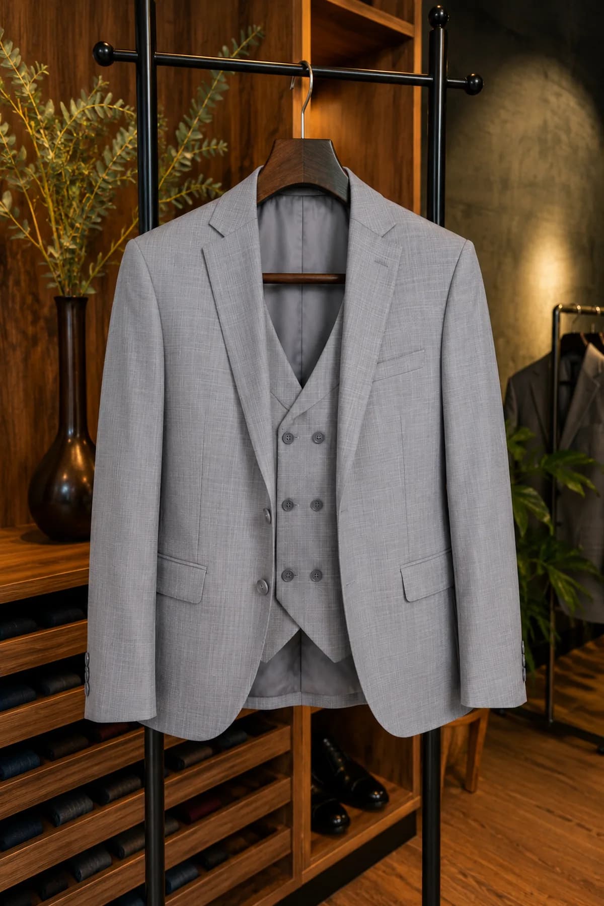 Traje de novio gris, sobrio y contemporáneo.